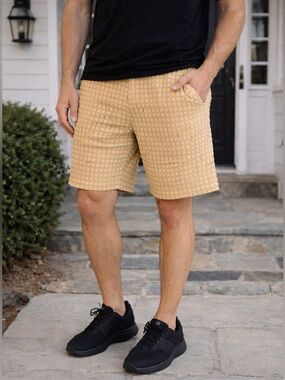 Fleece Factory Men Textured Grid Shorts Beige Lounge Casual Drawstring Size L